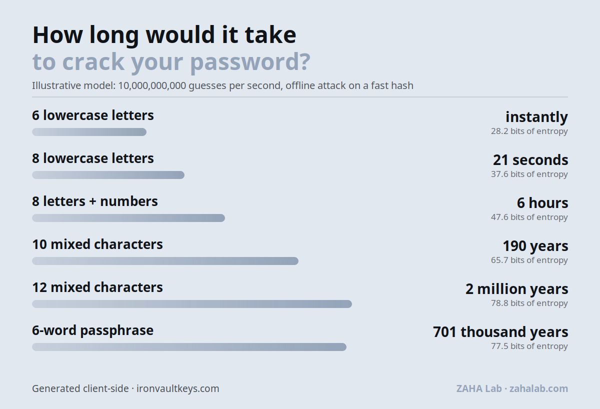 Chart: estimated time to crack passwords by pattern, from instantly for 6 lowercase letters to thousands of years for a 12-character mixed password or a 4-word passphrase