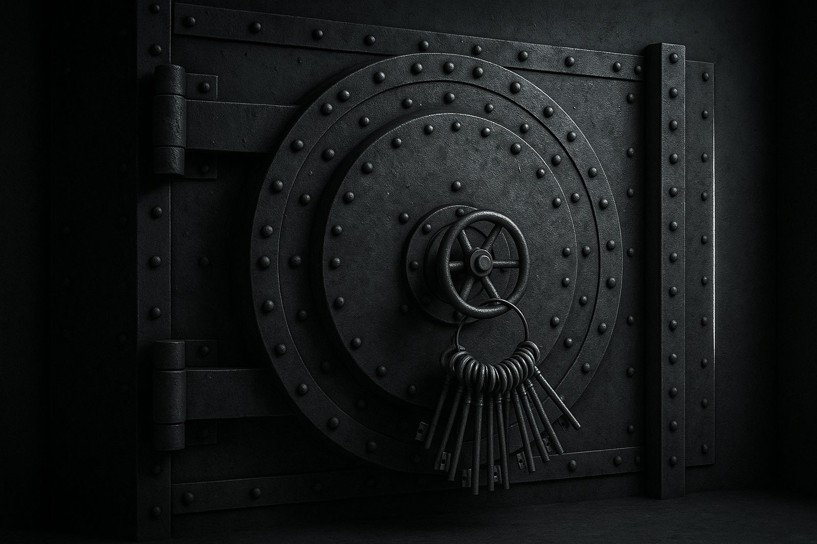Abstract artwork: an iron vault door with a ring of keys